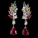 A pair of 925 silver drop earrings set with a pear cut ruby and marquise cut fancy sapphires, L. 2.