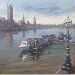 Chris Slater, "London view Thames", unframed oil on canvas, 2020, 16 x 16 inches. Located in the UK,