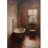 Ian Layton, "The Bathroom", unframed oil on board, 2020, 14 x 10in. UK shipping service organised by