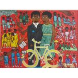 Chinwe Russell, "Papa and Mammie - The Generations", framed in white wooden frame acrylic on canvas,