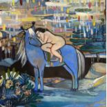 Alice de Miramon, "Blue Horse", unframed oil on canvas, 2020, 80 x 80cm. This painting is part on a