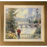 A large gilt framed print of 'Paris Mist' By Marilyn Simdale, frame size 79 x 99cm.