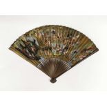 An early 20th century Chinese bamboo and hand painted paper fan in the Mandarin palate, L. 29cm.