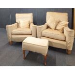 A pair of very comfortable upholstered arm chairs with a matching foot stool and cushions, 94cm x