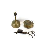 A 19th C. brass desk bell with a pair of candle snuffers and a silvered brass casket.