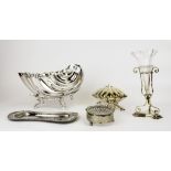 A silver plated shell shaped spoon warmer bowl and further silver plated items , centrepiece 26 x 12