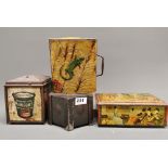 A group of four early advertising biscuit tins.