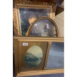 A 1920's gilt framed mirror with two prints inset, 44 x 85cm. Together with an oval framed print and