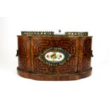 A 19th century French jardiniere with marquetry and porcelain inset decoration, 32 x 22cm, (no