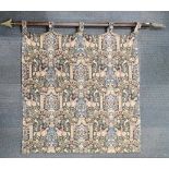 A heavy quality reproduction wall mounted wool tapestry with wood and gilt brass bar, W. 123cm.
