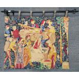 A contemporary reproduction wall hanging tapestry and painted metal bar, 93 x 117cm.