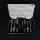A cased set of hallmarked silver tea spoons and sugar tongs.