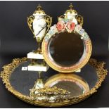 A gilt metal mirror tray (A/F to one edge) together with a Barbola table mirror and a pair of ormolu