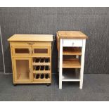 Two contemporary farmhouse style portable worktops, one with wine bottle rack, tallest, 90cm x