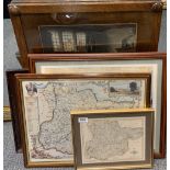 Two reproduction frames maps of Essex together with a large oak framed print, two oak framed H.