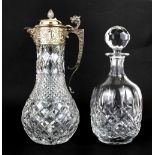 A silver plate mounted claret jug together with a glass decanter, H. 31 & 27cm.