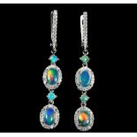 A pair of 925 silver drop earrings set with cabochon cut opals and white stones, L. 4.5cm.