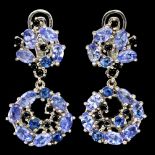 A pair of 925 silver drop earrings set with oval cut tanzanite and round cut sapphires, L. 3.5cm.