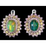 A pair of 925 silver earrings set with cabochon cut opals and fancy pink and orange sapphires, L.