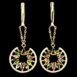 A pair of 925 silver gilt drop earring sset with mixed colour marquise cut tourmalines and white