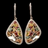 A pair of 925 silver rose gold gilt drop earrings set with voal cut fancy colour sapphires and white