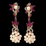 A pair of 925 silver rose gold gilt drop earrings set with marquise cut rubies and pearls, L. 4.