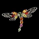 A 925 silver dragonfly shaped ring set with fancy colour sapphires, L. 3.5cm, (L).