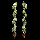 A pair of 925 silver drop earrings set with marquise cut peridots and citrines, L. 5cm.