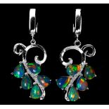 A pair of 925 silver drop earrings set with pear cabochon cut opals and white stones, L. 4cm.