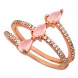 A 925 silveer rose gold gilt ring set with three pear cut rose quartz and white stones, (O).