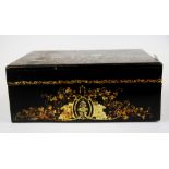 An early 19th century French wooden sewing box with gilt and mother of pearl decoration, 28.5cm x 22