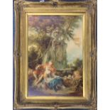 A large gilt framed reproduction oil finish print on canvas of a classical love scene, frame size 74