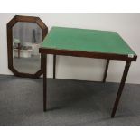 A folding card table together with a carved oak mirror, card table 76 x 76cm.