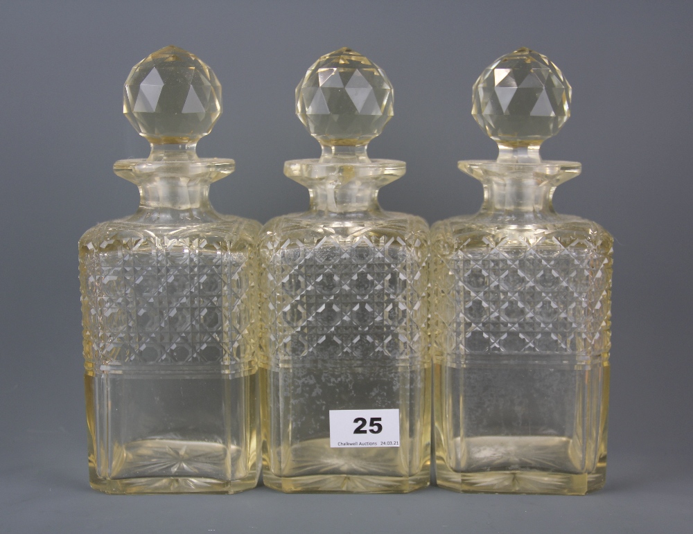 Six Victorian cut glass decanters, tallest H. 27cm. (Rim to one hobnail decanter damaged). - Image 2 of 2