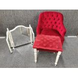 A button backed red upholstered boudoir chair together with a similar footstool and a free standing