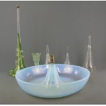 A green glass part epergne, a blue glass base and a green frosted glass vase raised on a hallmarked