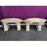 A pair of curved vintage concrete garden benches, L. 103cm.