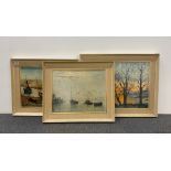 Three contemporary framed oils on canvas of Thames Estuary scenes signed F. Pelling, largest frame 7