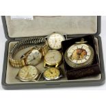 A box of gentleman's vintage wrist watches and a pocket watch.