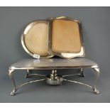 A silver plated Walker & Hall warming stand and two silver plated and wood bread boards, largest W.