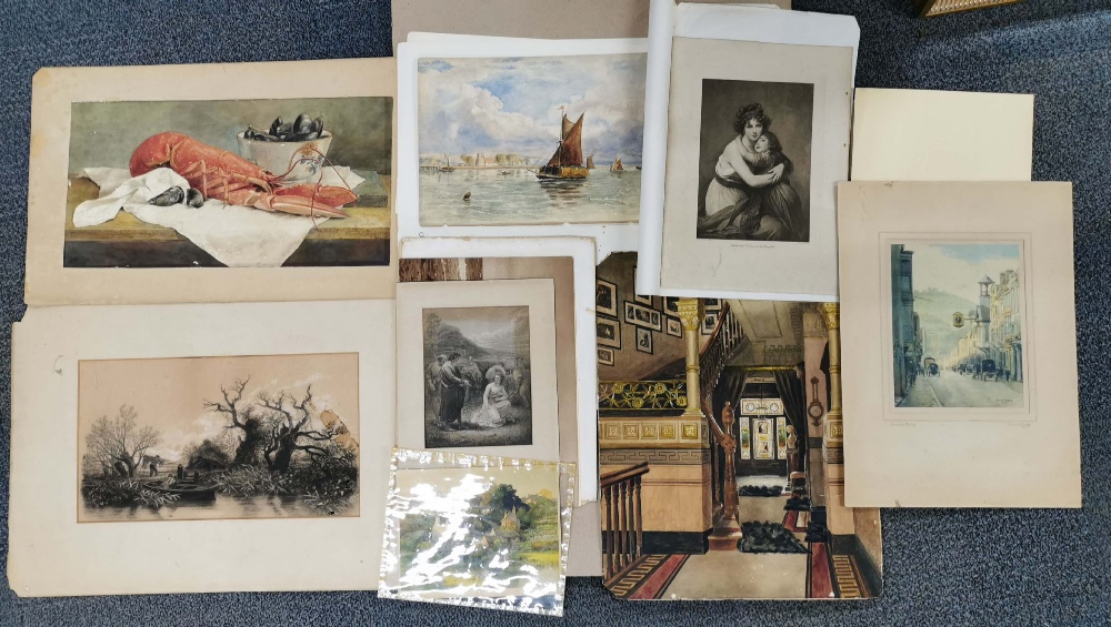 An E. Donaco unframed watercolour and a quantity of unframed watercolours, engravings etc.