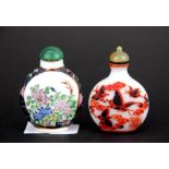 A Chinese Peking cameo glass snuff bottle, together with a Chinese hand painted porcelain snuff bott