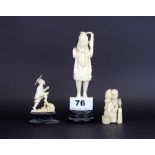 Three early 20th century Oriental carved ivory figures, two on wooden stands, tallest H. 15cm.
