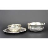 Three white metal items, one stamped silver, two tested silver, plate Dia. 14cm.