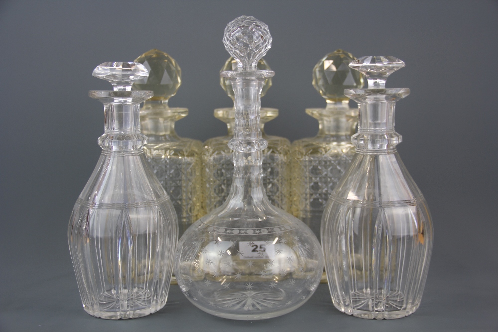 Six Victorian cut glass decanters, tallest H. 27cm. (Rim to one hobnail decanter damaged).