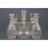 Six Victorian cut glass decanters, tallest H. 27cm. (Rim to one hobnail decanter damaged).
