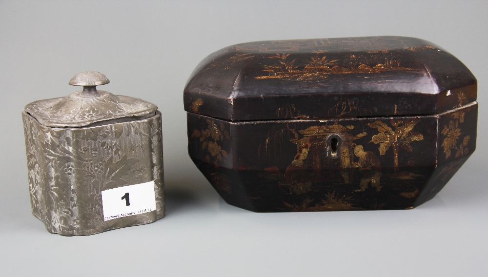 A Chinese gilt lacquered wooden tea box with two pewter caddies inside, 20cm x 14cm x 10cm, together