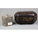 A Chinese gilt lacquered wooden tea box with two pewter caddies inside, 20cm x 14cm x 10cm, together