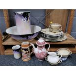 A large jug and bowl set, two Art Deco serving platters and other ceramic kitchenalia