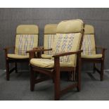 Four teak garden chairs with cushions. H. 101cm.